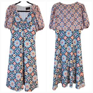 Donna Morgan Midi Dress Mixed Floral Full Skirt V-neck Lined Zip Back Sz 6